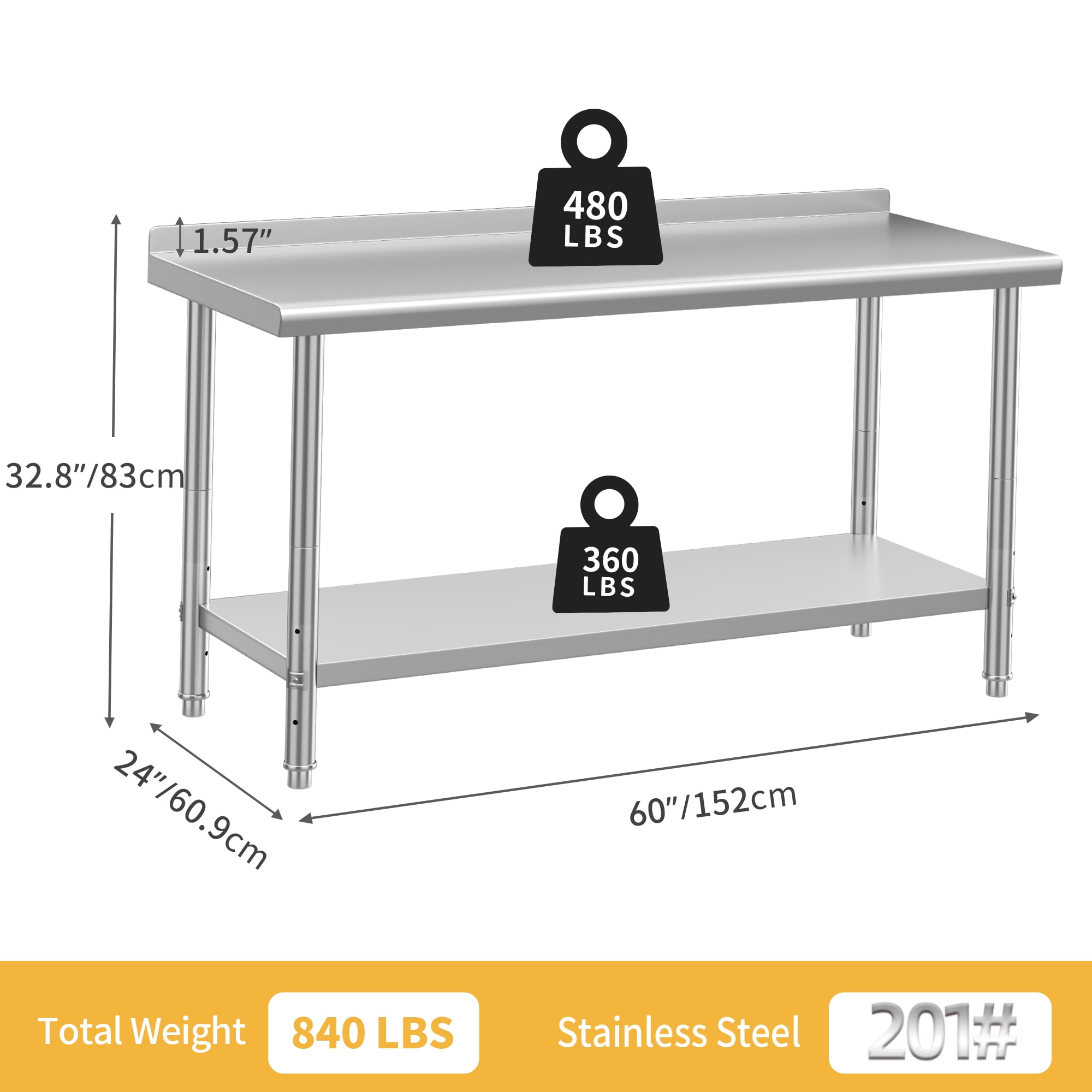 Dextrus 60" x 24" Heavy Duty Stainless Steel Work Table with Backsplash and Adjustable Undershelf, Extra Large Metal Prep Table for Domestic and Commercial Use