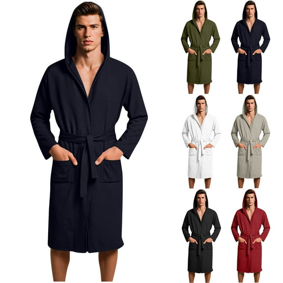 Busydd Robe for Men Solid Color Men's Bathrobes Casual Comfy Long Sleeve Men's Robe Self-Tie Belt Mens Hooded Robe with Pockets S