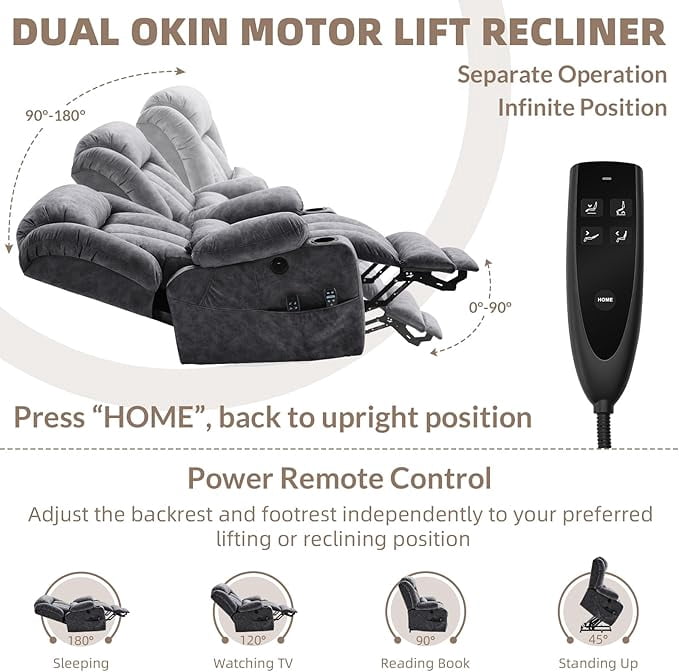 EPICOZY Oversized Dual Motor Power Lift Recliner Chair with Extended Footrest for Big Tall Man, Lay Flat Sleeper Electric Recliner with Massage and Heat, Lumbar Pillow, USB & Type-C Port, Gray