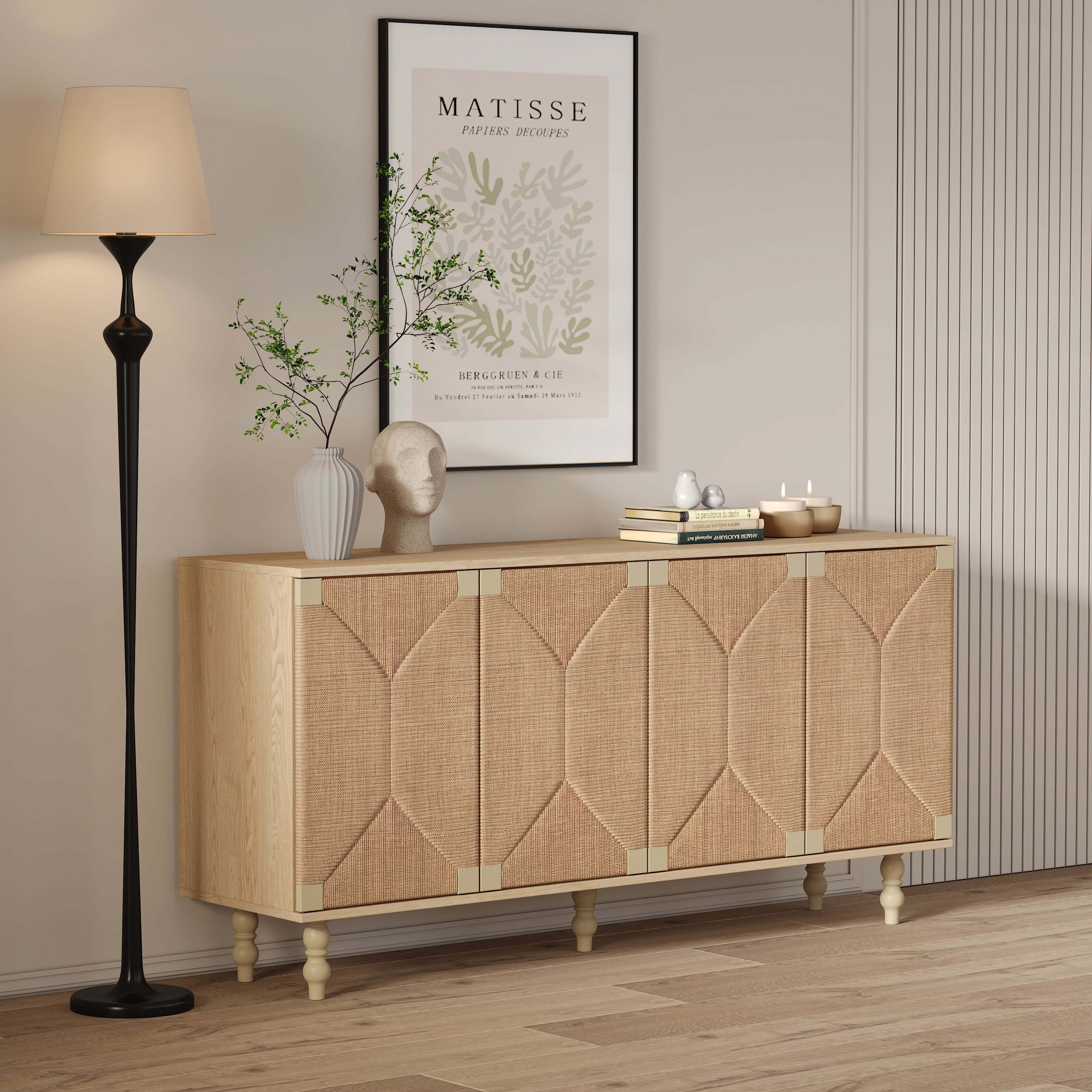 GARITIN Sideboard Buffet Cabinet, Accent Storage Wood TV Stand with Wire-Brushed Seagrass Doors, 4-Compartment Cabinet for Hallway Entryway Dining Room, Natural+Rustic