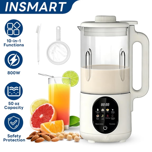 INSMART 10-in-1 Nut Milk Maker, 50oz Soy Milk Maker, Suitable for Making Homemade Oat Milk, Nut Milk, Juice, Smoothies, Cereal, Featuring Delayed Start, Keep Warm, and Boiling Water Functions