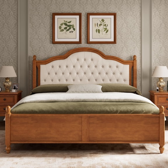 Amerlife Solid Wood California King Bed Frame with 52.4" Tufted Upholstered Headboard, Vintage Roman Column Accents, No Box Spring Needed, Brown