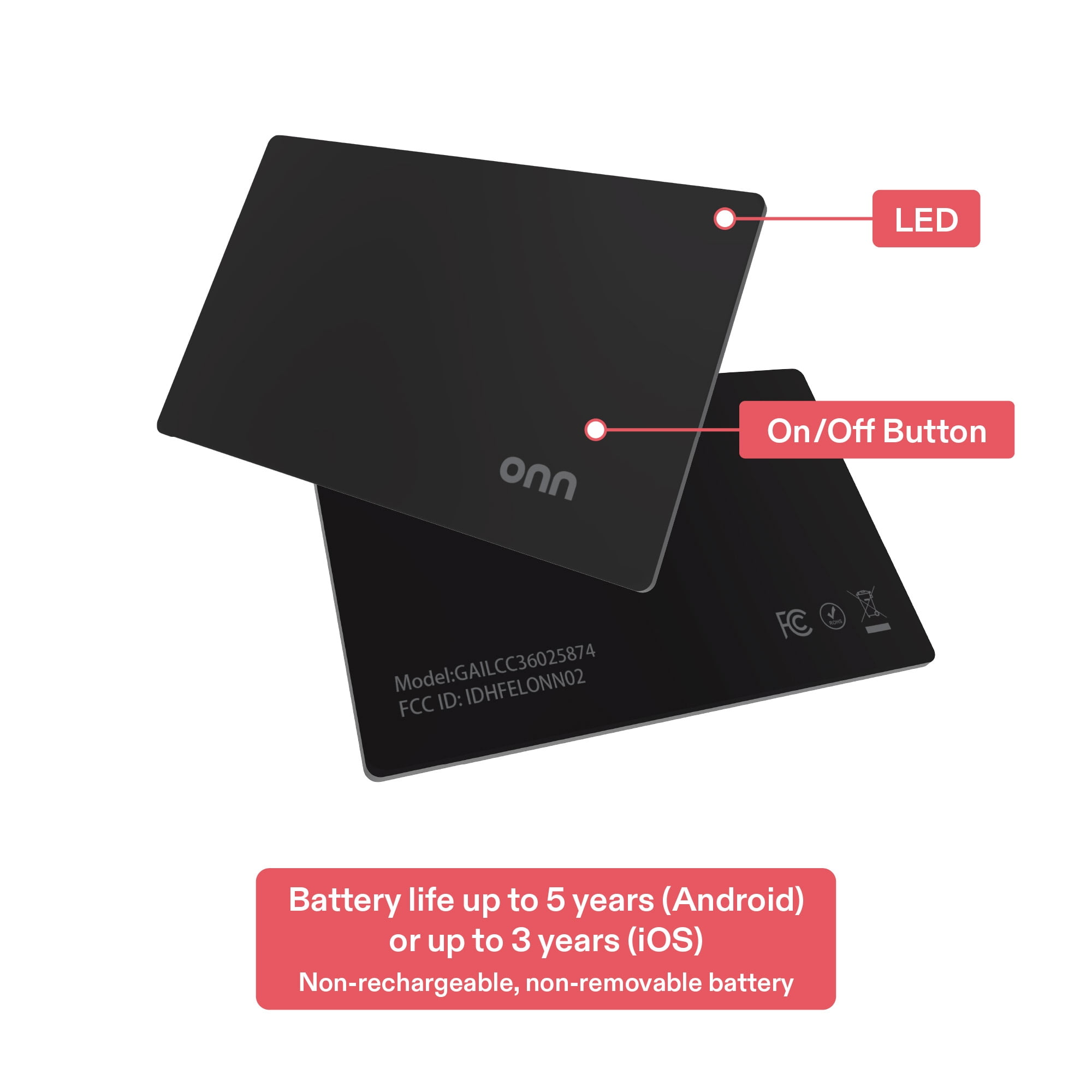 onn Item Locator Card, iOS / Android Compatible - Black