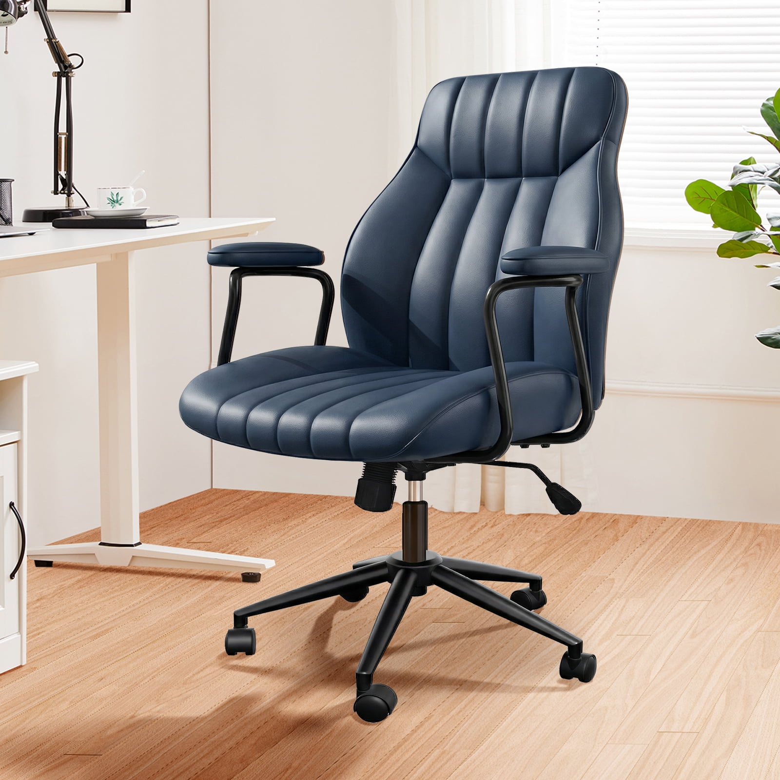 HomeZeer Executive Office Chair, Leather Desk Chairs with Wheels, Ergonomic Desk Chair with Arms, Mid Century Modern Reclining Computer Task Home Chair with Lumbar Support, Blue