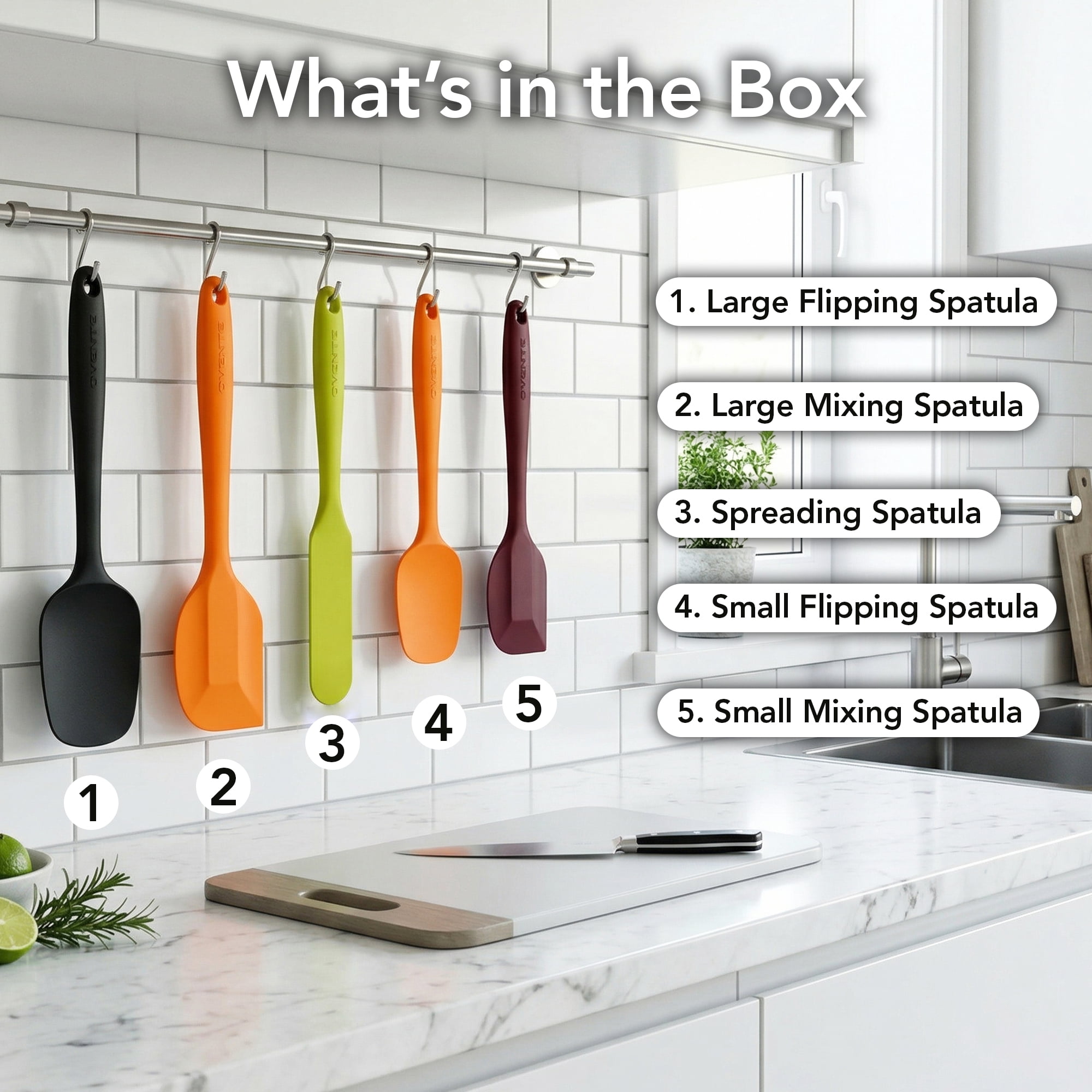OVENTE Silicone Spatula Set of 5, Heat Resistant, Multicolor SP12305LBGOPR | Food Grade Rubber Spatula, BPA-Free and Dishwasher Safe, Nonstick Kitchen Utensils for Baking, Cooking and Mixing