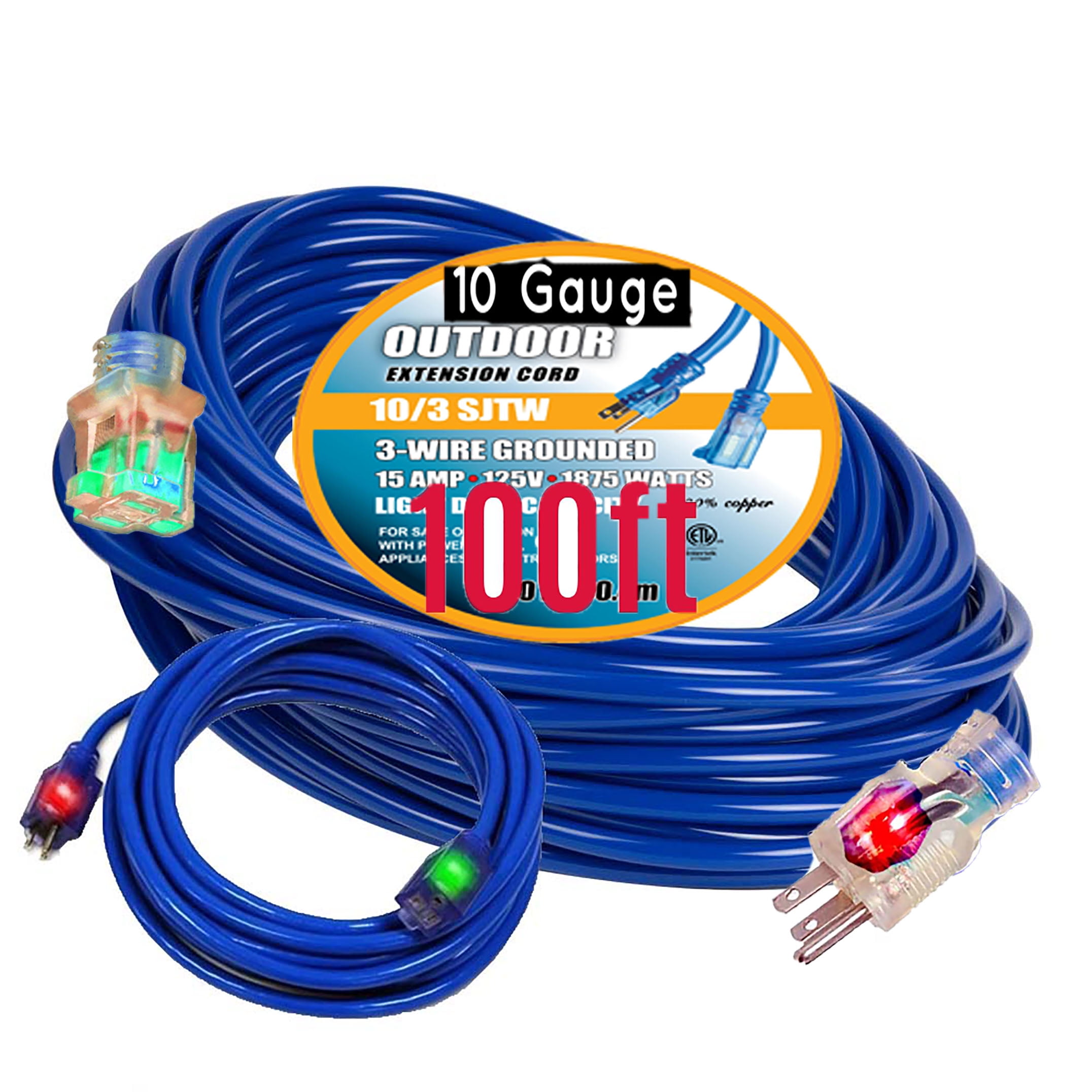 pizety 100 ft 10-Gauge Grounded 15-Amp Outdoor Extension Cord 100 ft Contractor Grade 10 Gauge 100 ft Power Extension Cord 10/3 Plug 1875 watts 100 ft Yellow Extension Cord 10/3 Gauge