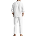 thumbnail image 4 of Men's Linen Blend Camp Collar Long Sleeve Shirt and Drawstring Pants Two Piece Outfit White M, 4 of 7
