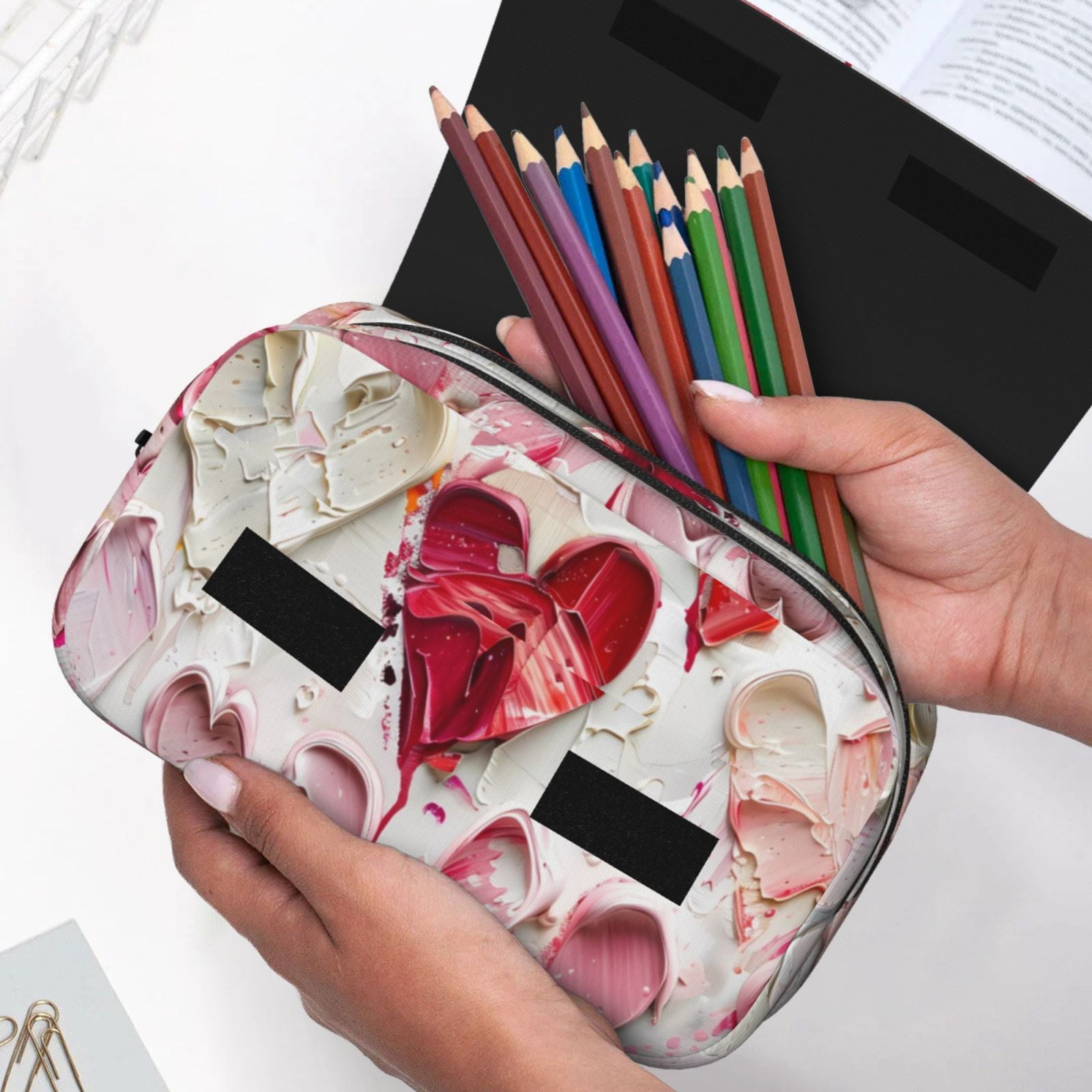 Rateoe Textured Heart Abstract Art Pattern Double Clamshell Pen Case, Storage Organizer with Two Zipper Compartments– Holds Up to 50 Pencils & Pens