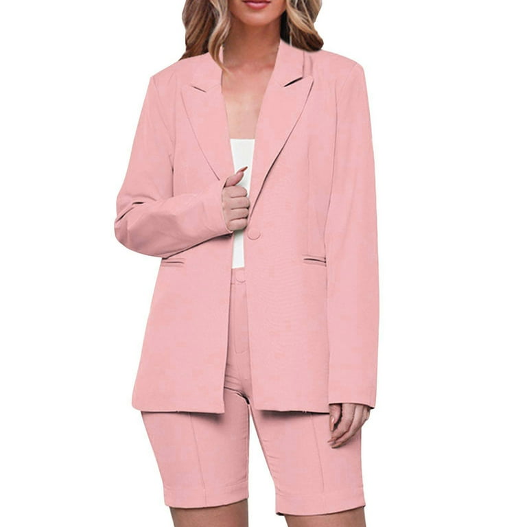 JWZUY Women 2 Piece Outfits Slim Fit Long Sleeve Blazer Set with Wide Leg  Flare Pantsuit Solid Formal Elegant Work Business Suit Pink M 