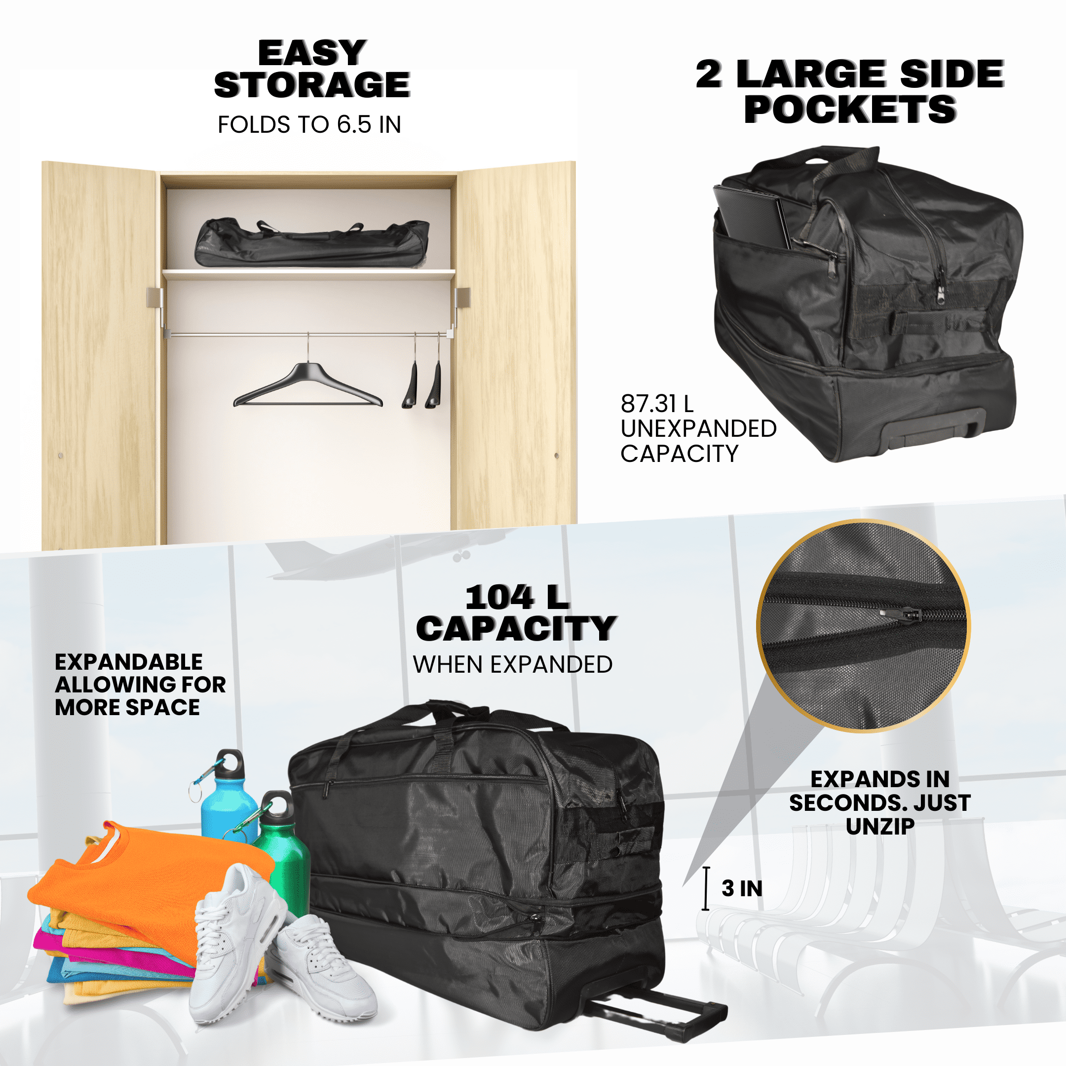 Large Black Duffel Bag with Wheels, Collapsible Handle, and Expandable Design – Foldable Travel Bag Black