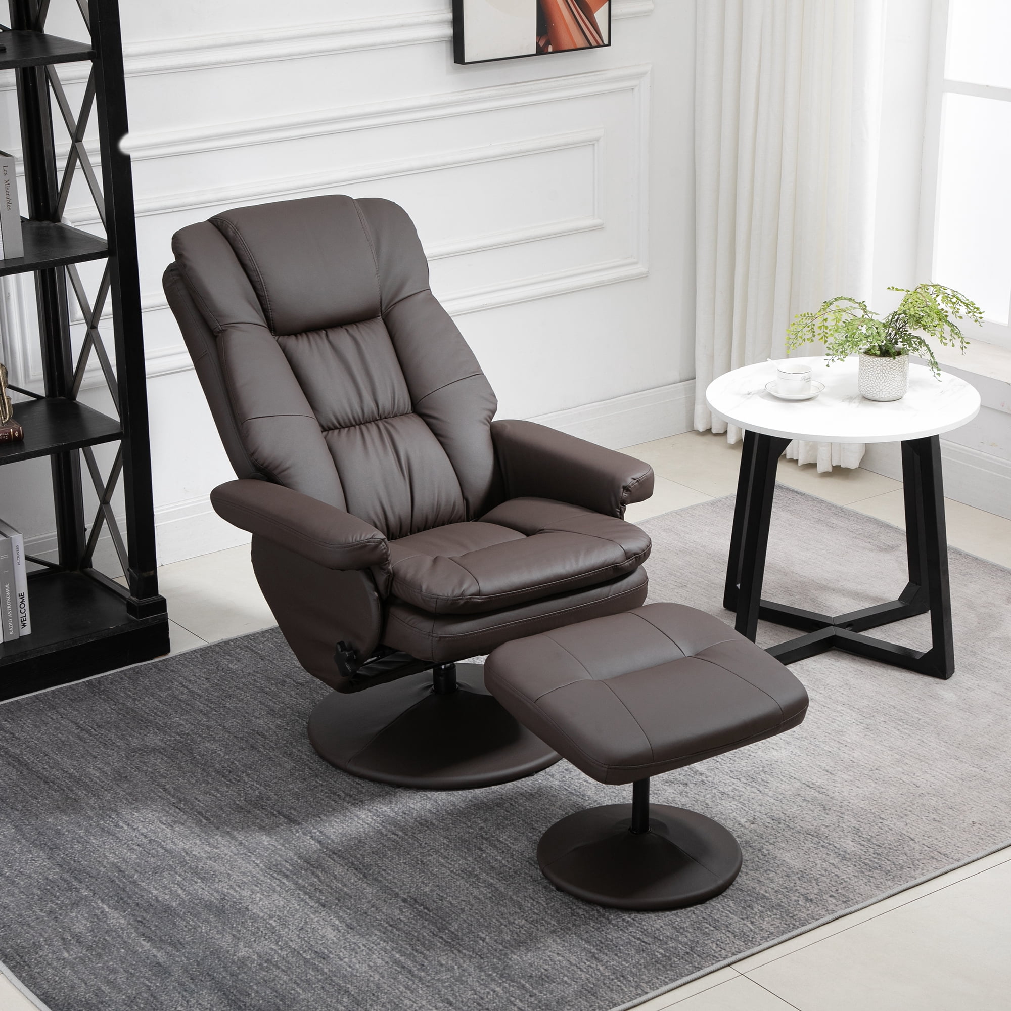 Brown PU Leather Recliner Office Chair with Ottoman, 135° Recline, 360° Swivel, High Back, Steel Frame