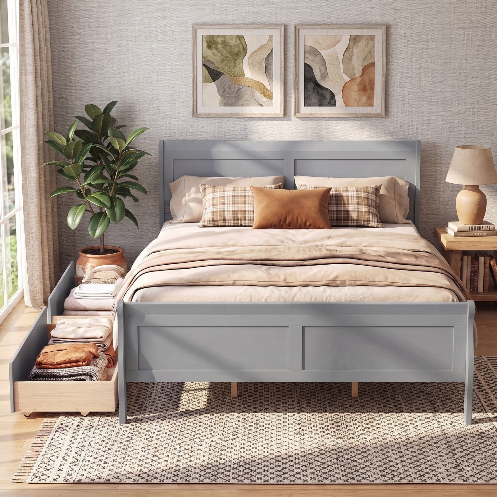 Furnibear Queen Bed Frame, Wood Bed Frame with 2 Storage Drawers Headboard and Footboard, Queen Bed Frame with Headboard for Bedroom, Gray