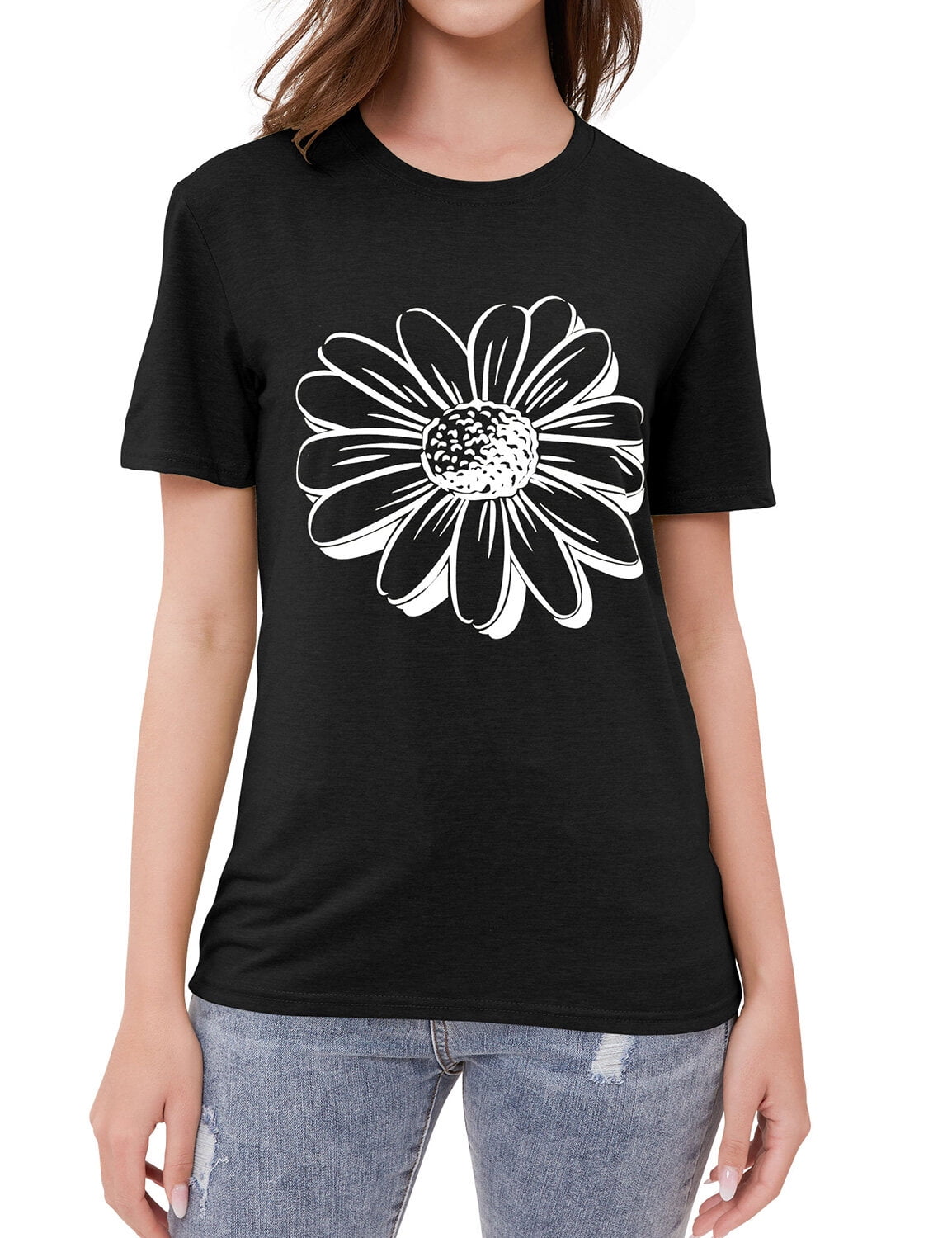 ZXSXSY Women Sunflower Printed Crew Neck Short Sleeves Top