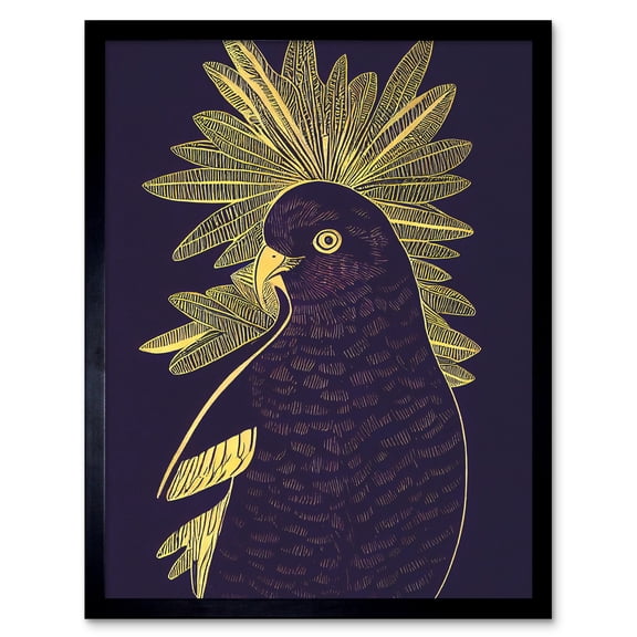 Detailed Stylish Dark Deep Purple Yellow Gold Parrot Tropical Plant Illustration Art Print Framed Poster Wall Decor 12x16 inch