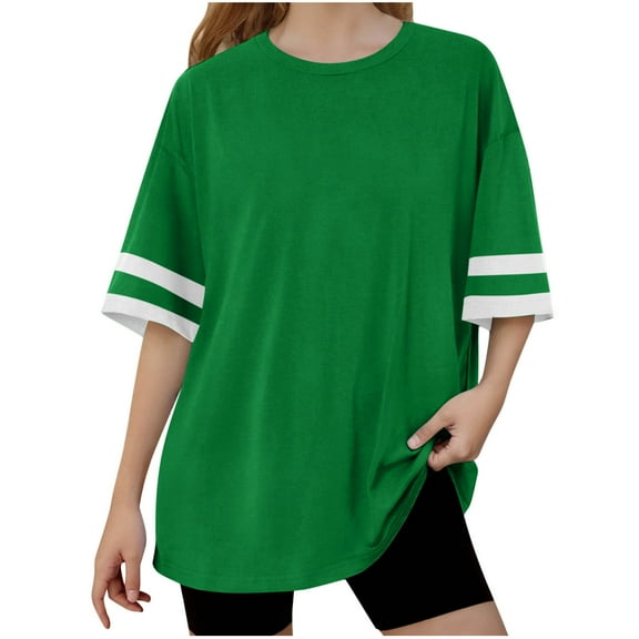 Npasoilc Summer Tops for Teenage Color Block Short Sleeve Round Neck Pullover Shirts Lightweight Breathable Blouse Tops Casual Loose T-Shirts