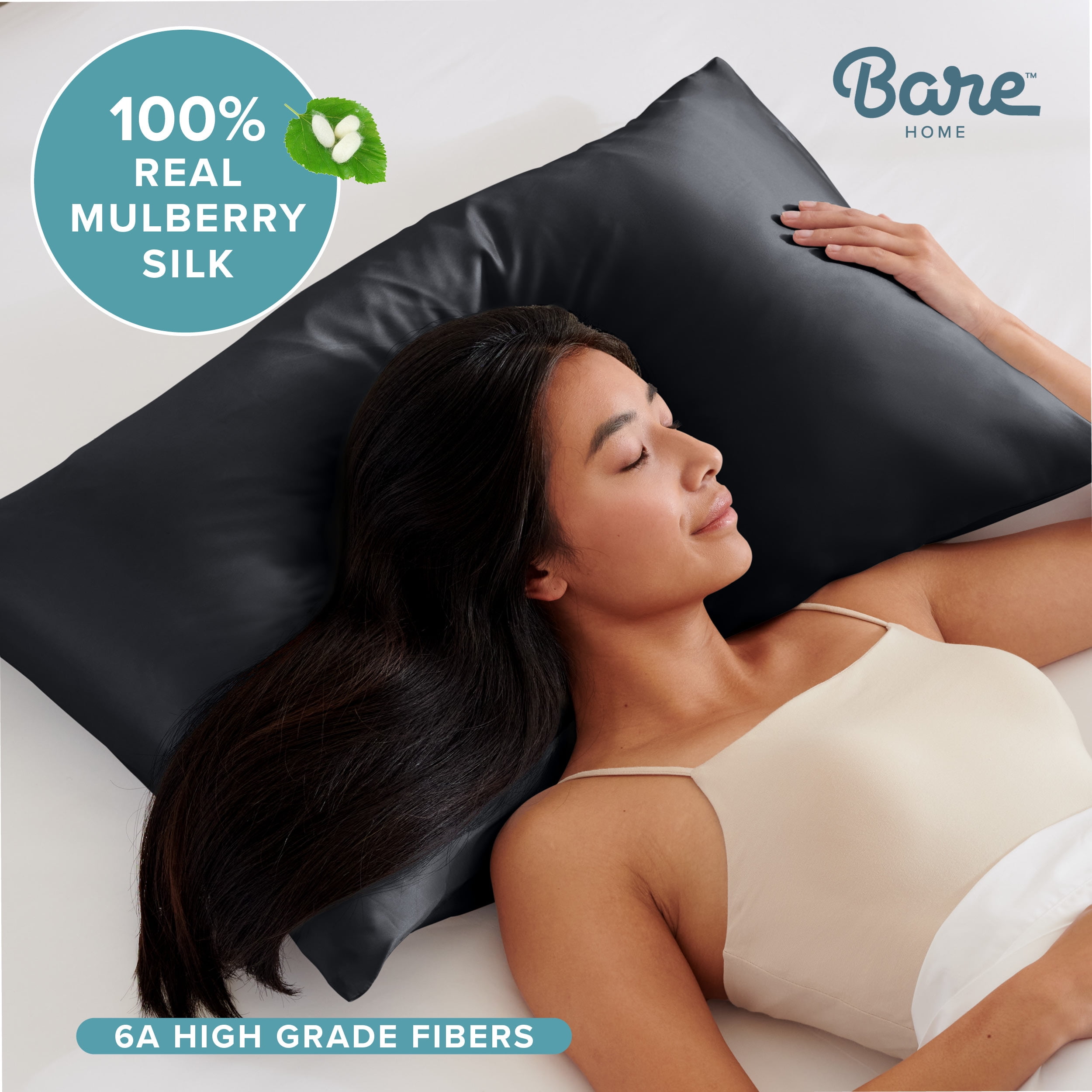 Bare Home 100% Mulberry Silk Zipper Pillowcase - Perfect for Hair and Skin - Premium 6A Grade, 19 Momme Silk - King, Black