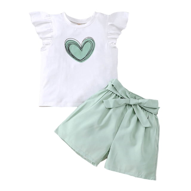 Splozh Toddler Infant Baby Girls Summer Outfits Girls Comfortable and Breathable Set Cute Cartoon Printed Short Sleeve Shorts Two Piece Set Green,11-12 Years