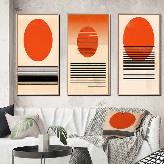 Designart "Minimalist Geometric Sunset in Bold Orange III" Modern Geometric Framed Wall Art Set Of 3 - Orange Abstract Frame Gallery Wall Set For Home Decor