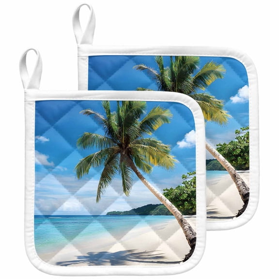 Coastal Tropical Pot Holders for Kitchen Heatproof Potholder, 2 Pack Blue Sky Coconut Tree Summer Beach Hot Pads Multipurpose Oven Pads Cloth Potholders Trivet for Cooking and Baking