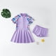 thumbnail image 4 of Traje de baño de una pieza de manga corta para niñas Honeeladyy, traje de baño con protección contra erupciones, falda con cremallera frontal y pantalones cortos, regalo morado para 4 años, 4 of 8