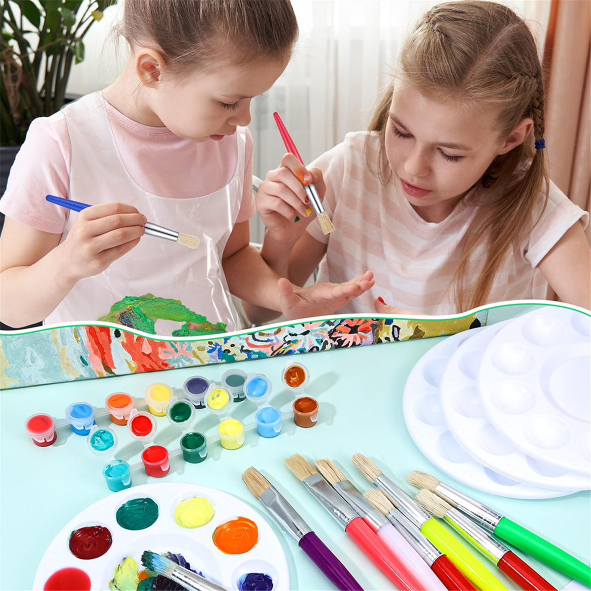 Toddler Paint Brush Set Round Flat Brush Palette Apron Easy to Clean Suitable for Acrylic Oil Watercolor Preschool