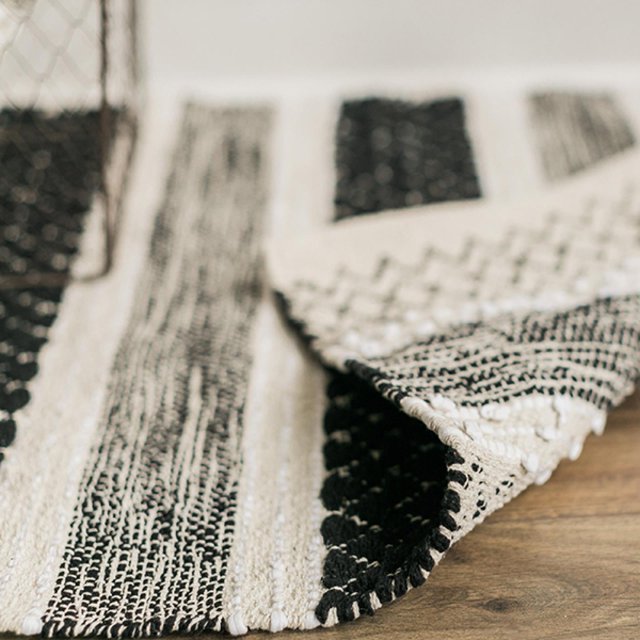Ensemble de 2 Tapis en Coton Tissé à Rayures Noires, Beige et Blanches