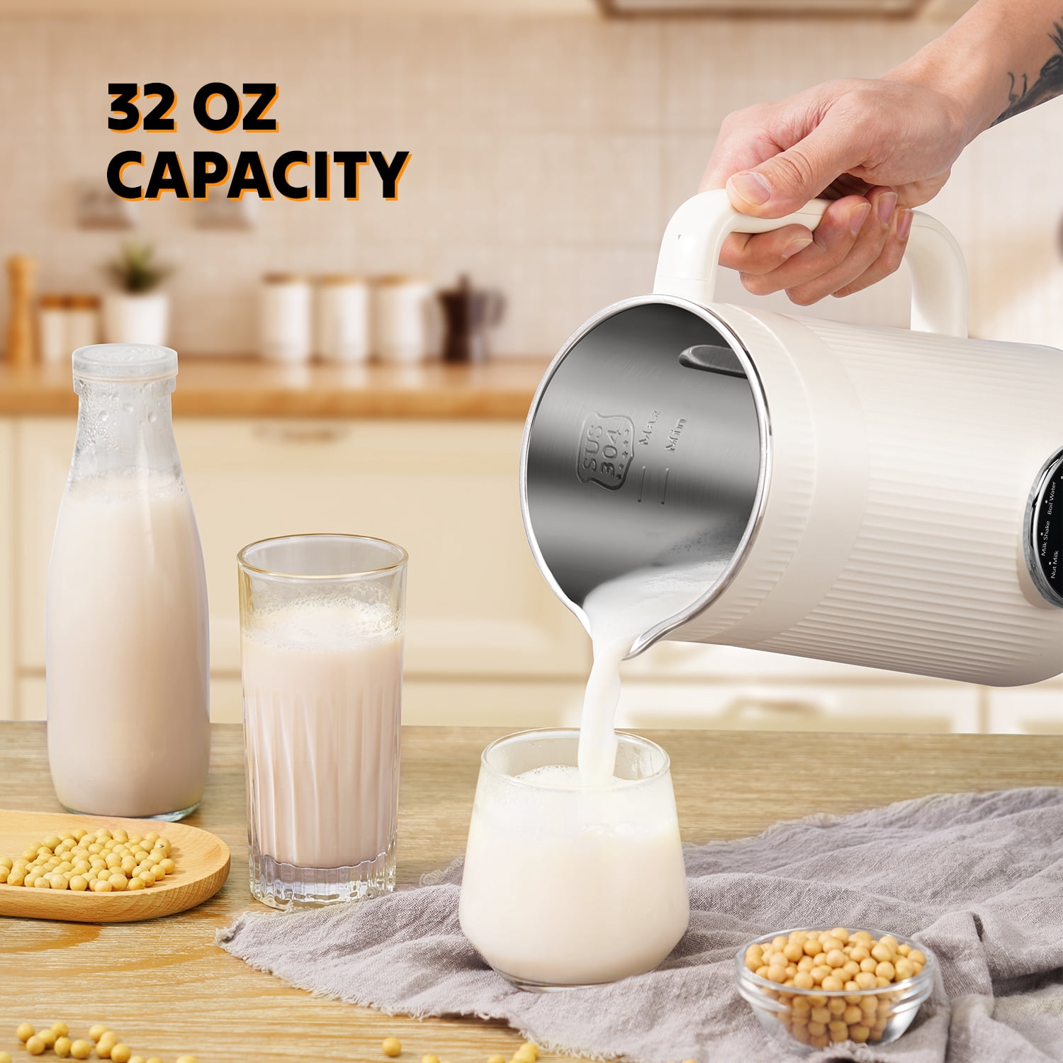8 in 1 Nut Milk Maker Blender, 32oz Automatic Soybean Machine With Delay Start/Keep Warm/Boil Water, Homemade Soy, Almond, Oat, Coconut, Plant Based, Cream