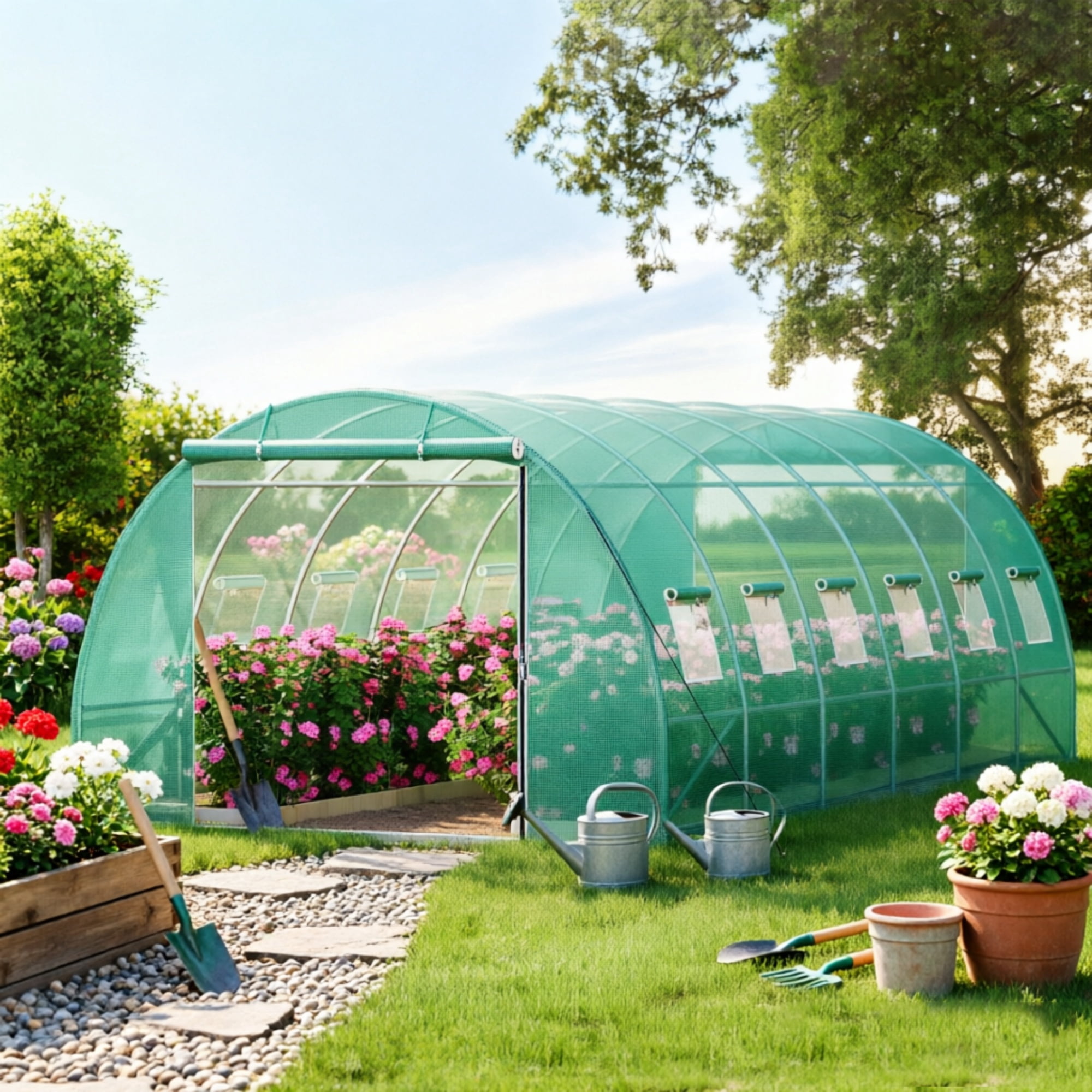 Walk-in Tunnel Greenhouse, Portable Hot House with Galvanized Steel Hoops & 12 Roll-up Windows, 20' x 10' x 7'