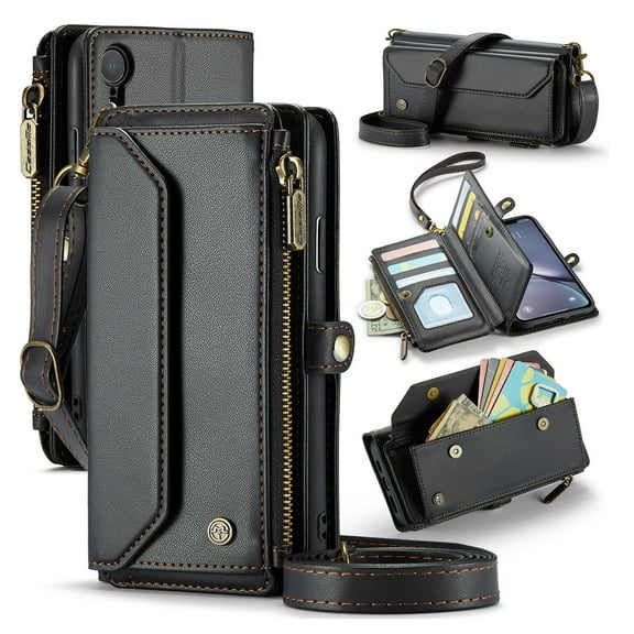 Crossbody for iPhone XR Case Wallet【RFID Blocking】with 10-Card Holder Zipper Bills Slot, Soft PU Leather Magnetic Shoulder Wrist Strap for iPhone XR Wallet Case Women, Black