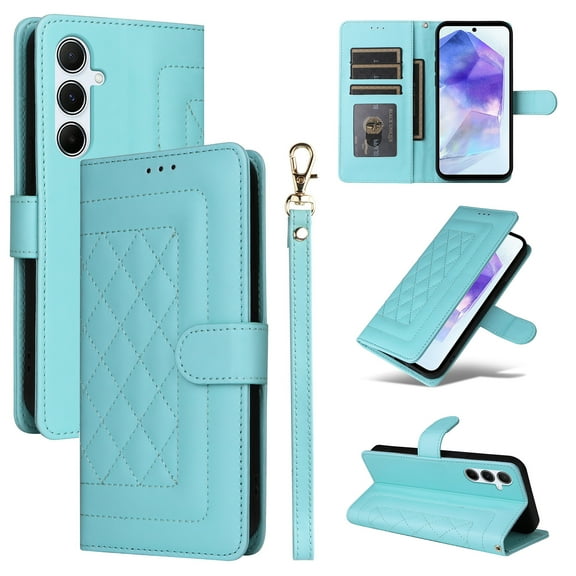 Compatible with Samsung Galaxy A15 Case, Premium Leather Wallet Book Case Magnetic Flip RFID Blocking Credit Card Holder Kickstand with Wrist Strap Shock Absorbing Case, Mint
