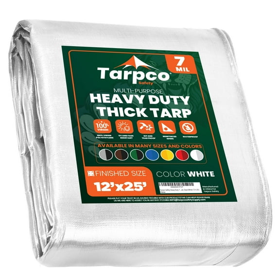 Tarpco Safety 7 Mil Heavy Duty Tarp Camping Tarpaulin Waterproof Cover, White 12 x 25Ft