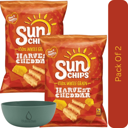 Sun Chips Harvest Cheddar Multigrain Snacks – 100% Whole Grain, 7 oz Bag With Olive Green Bowl By ValueNest