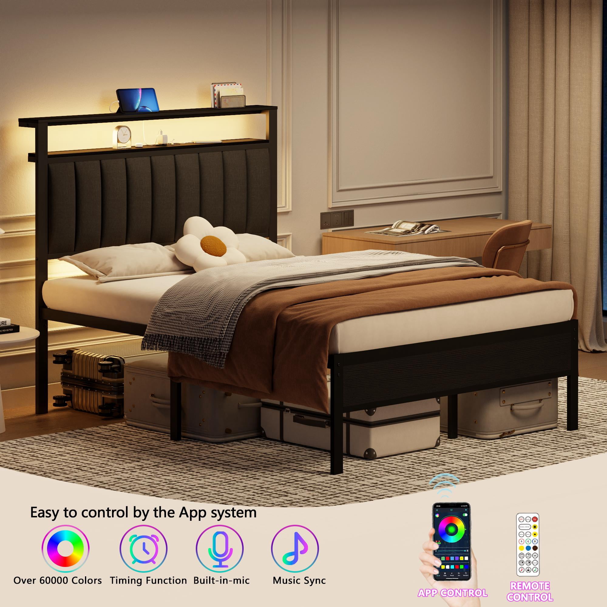 Tydimor Electric Full Size Platforrm Bed Frames with Charging Station, LED Standard Storage Space Bed for Bedroom, No Box Spring Needed