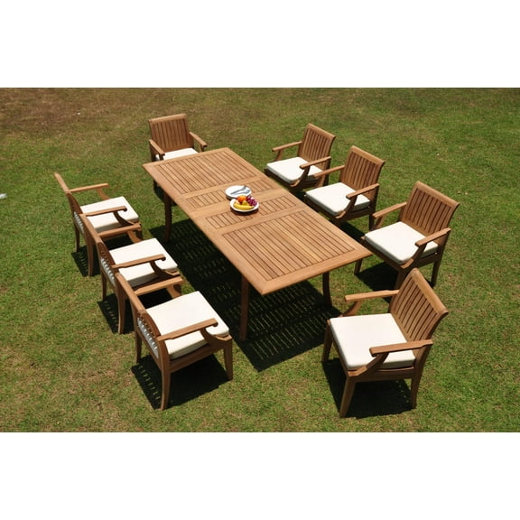 Grade-A Teak Dining Set: 8 Seater 9 Pc: 94" Double Extension Rectangle Table And 8 Lagos Arm Chairs Outdoor Patio WholesaleTeak #WMLGh