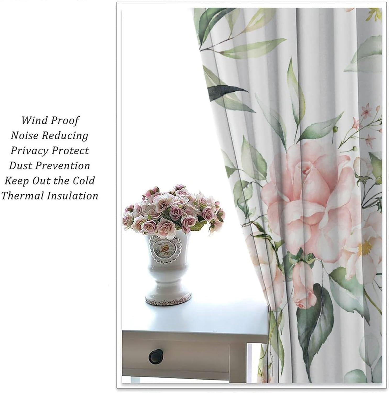 Rustic Flower Curtains Watercolor Pink Floral Green Leaves Natural Pattern Blackout Print Rod Pocket Window Drapes for Bedroom Living Room 42x54in