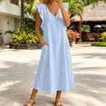 thumbnail image 2 of ZHOGXU Women's Dresses Summer Flying Sleeve V Neck Solid Color Comfortable Flowy Swing Dress With Pockets For Casual Daily Wear,Light Blue,Xxl, 2 of 6