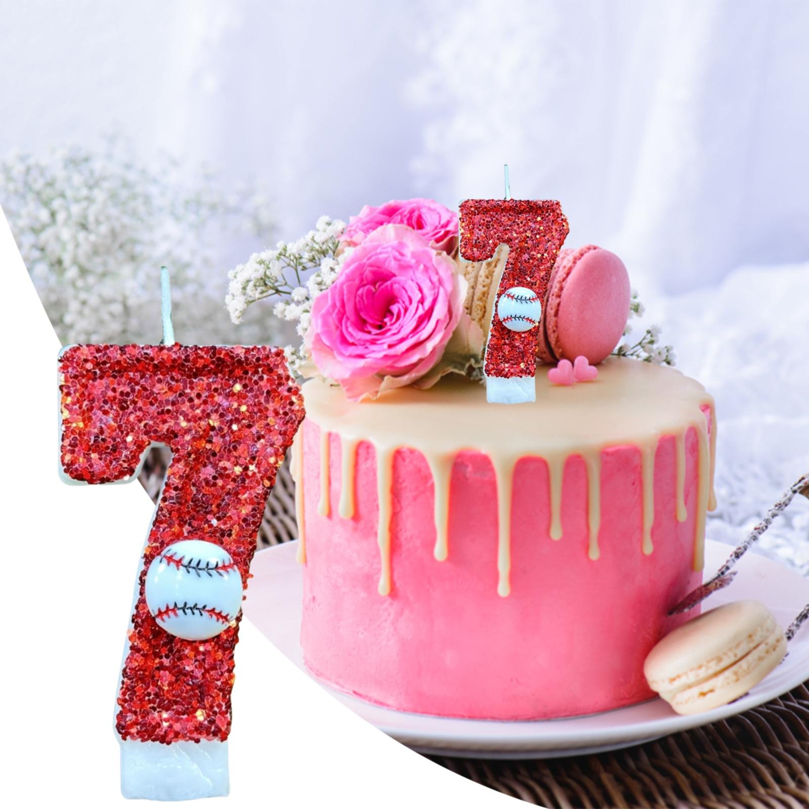 Party Photo Booth Props Baseball Birthday Candle Cake Toppers Second Number Baseball Themed Cake Topper Decoration Two Years Candle Red Glitter Number Cake Topper Party, Party Balloon