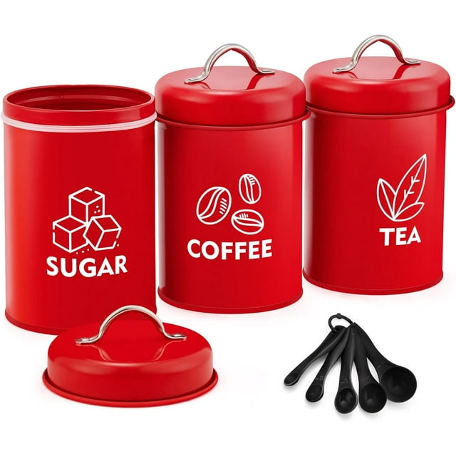 8 Pieces Canister Sets for Kitchen Counter, Vintage Kitchen Coffee Tea Sugar Metal Canisters Set with Lid Measuring Spoons, Rustic Farmhouse Decor, Red