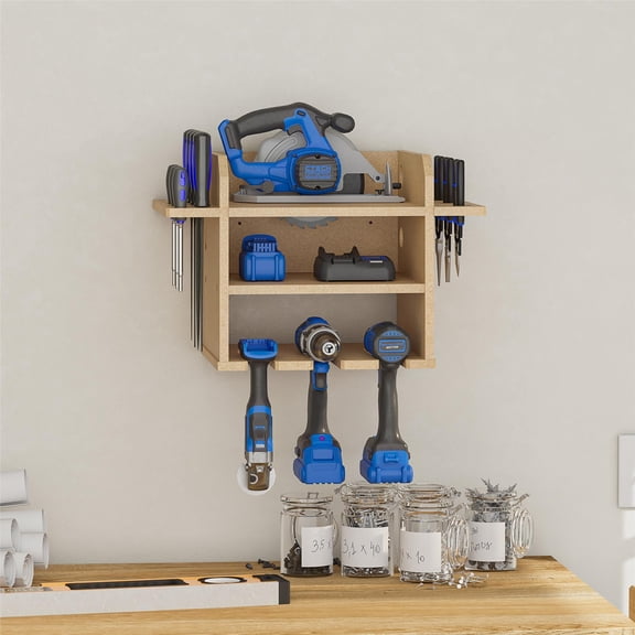 Open Box Systembuild Evolution Benford Wall Mount Tool Organizer, Durable MDF Construction, Holds 3 Drills, Circular Saw Storage, Wire Pass-Throughs, 18.5 in