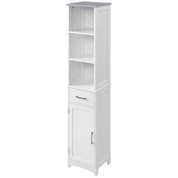 Tall Bathroom Cabinet, Slim Linen Tower with Shelves & Drawer, Freestanding Bathroom Storage, Narrow Toilet Vanity, White Finish