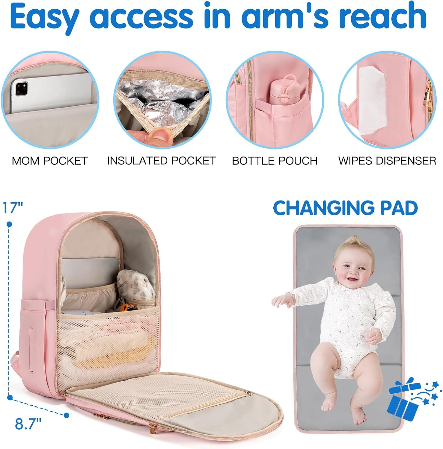 Baby Diaper Bag Backpack, Waterproof Diaper Backpack for Mom & Dad with Changing Pad, Insulated Pockets and Stroller Straps, Baby Shower Gifts PINK