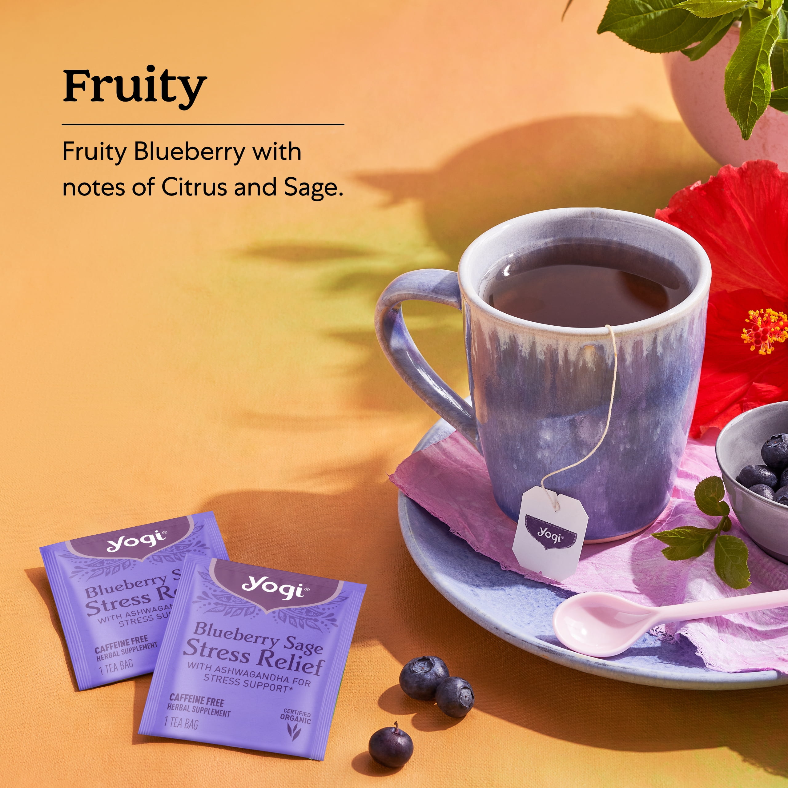 Yogi Tea Blueberry Sage Stress Relief - 16 Tea Bags per Pack (6 Packs) - Relaxing, Calming Tea to Support Stress Response - Includes Ashwagandha, Blueberry, Sage, Hibiscus & More