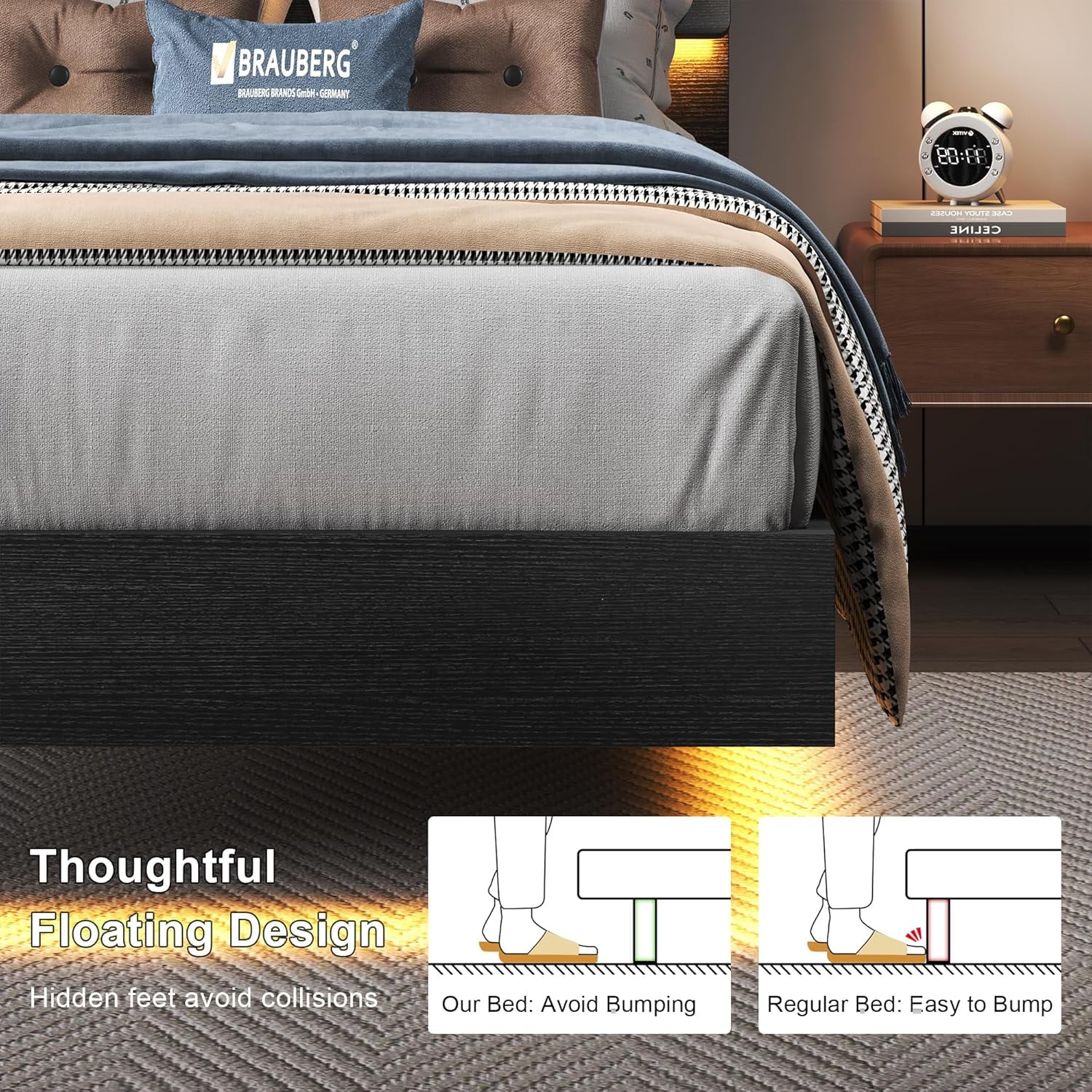 Honfach Floating twin Size Bed Frame with LED Lights & Charging Station, Platform Bed with Wooden Storage Headboard, Black.