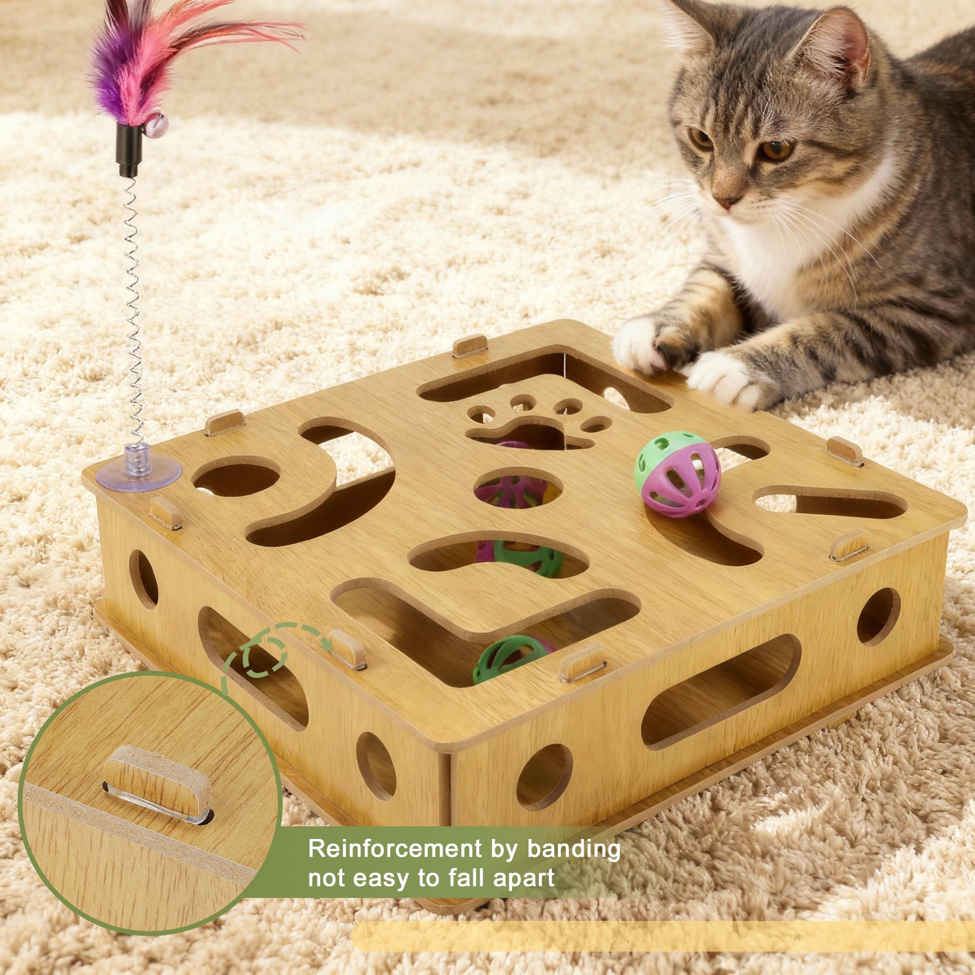Unique Bargains Cat Toys for Indoor Cats Interactive Wooden Puzzle Toy Box Stimulate Hunting Instincts and Reduce Boredom Wood Color