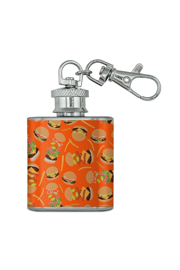 Hamburger Cheeseburger Pattern with Fries and Bacon Stainless Steel 1oz Mini Flask Key Chain