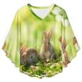 thumbnail image 4 of Cute Little Easter Bunnies On Green Grass Women's V-Neck Blouse With 3/4 Ruffled Bell Sleeves Casual Top Ladies Blouses, 4 of 7