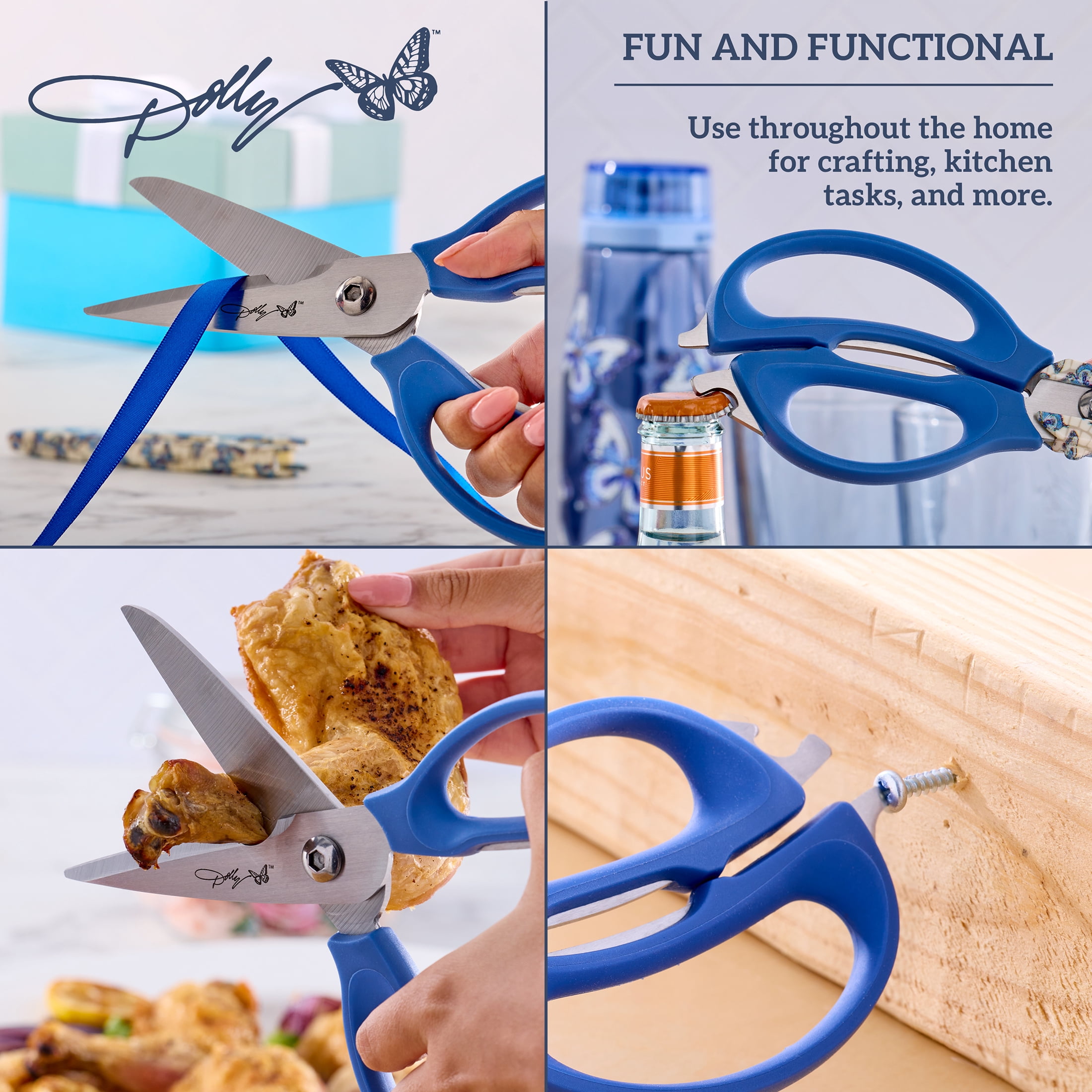 Dolly Parton 4-in-1 Kitchen Scissors with Blue Butterfly Pattern for Everyday Use