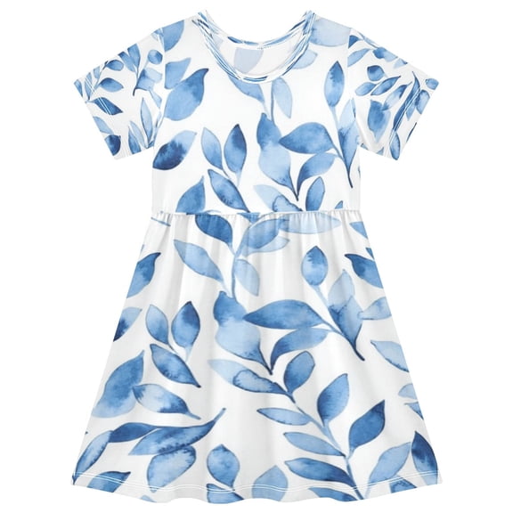 Girls Short Sleeve A-Line Dress Blue Watercolor Floral Leaves Play Dress Sizes 2T