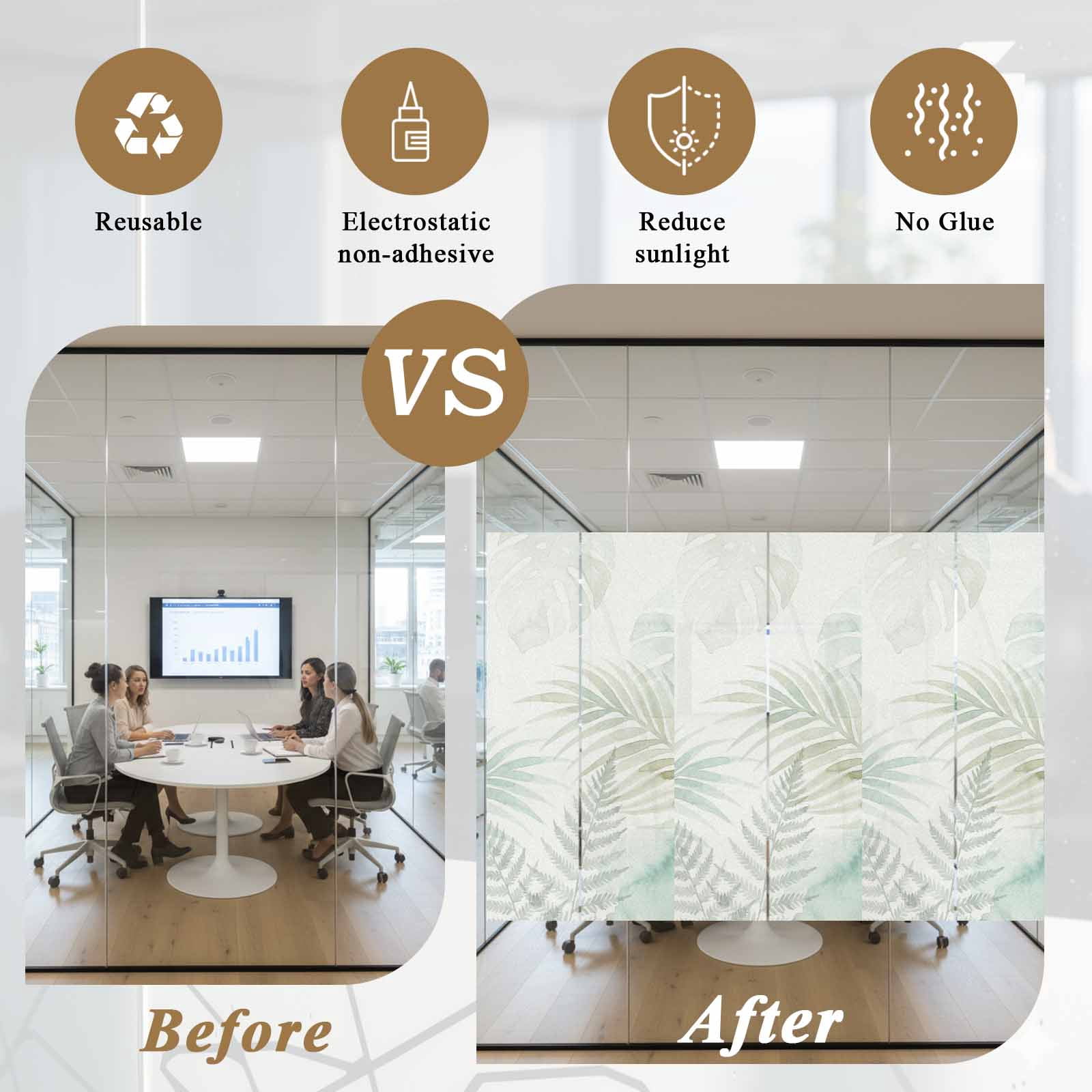 Summer Botanical Window Privacy Film, Green Tropical Palm Leaves Watercolor Static Cling UV Sun Blocking Heat Control Window Tint Day and Night, Non-Adhesive One Way Windows Privacy Cover 23.6''x59''