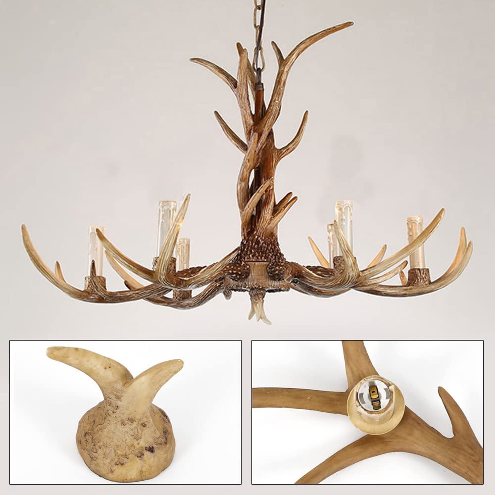 Miumaeov 6 Head Candle Antler Chandelier, Vintage Resin Deer Horn, Antler Chandeliers E12, Pendant Light Home Decoration